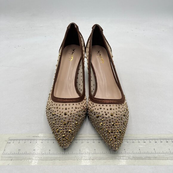 XYD Brown Pointed Toe Slip On Mesh Pumps Rhinestone Studs Comfy Kitten Heel Shoe - Picture 3 of 8